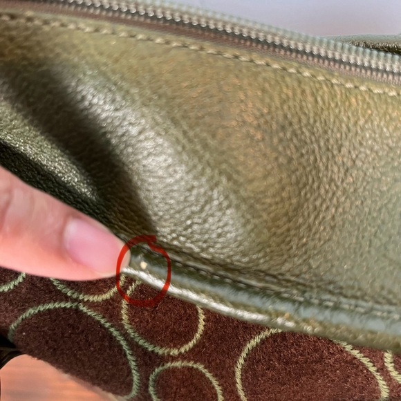 TUMI Wool Leather Trim Tote Shoulder Bag and Wallet Brown Green 13"x9.5" Circles - Picture 15 of 16